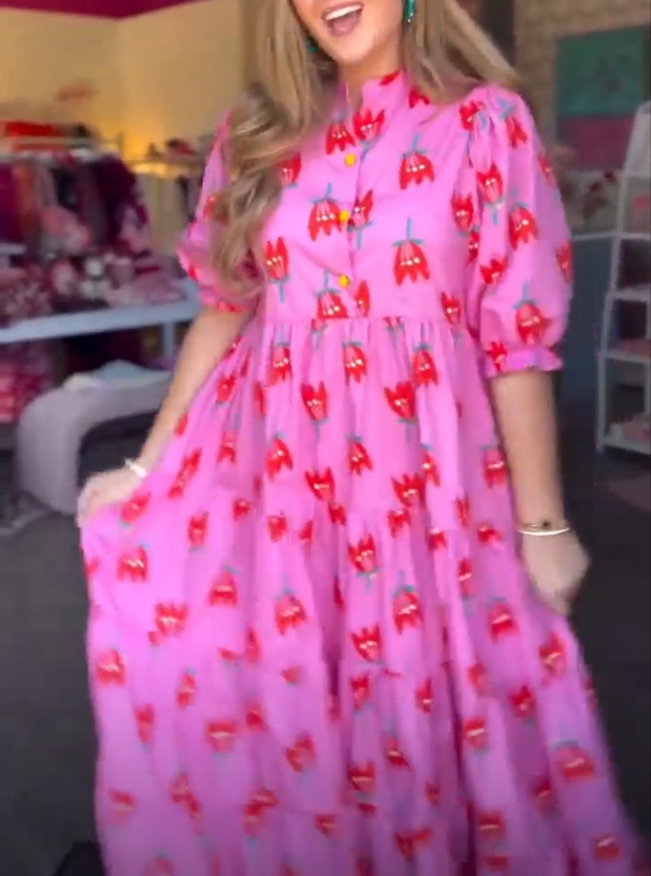 Stand Collar Tulip Print Long Dress