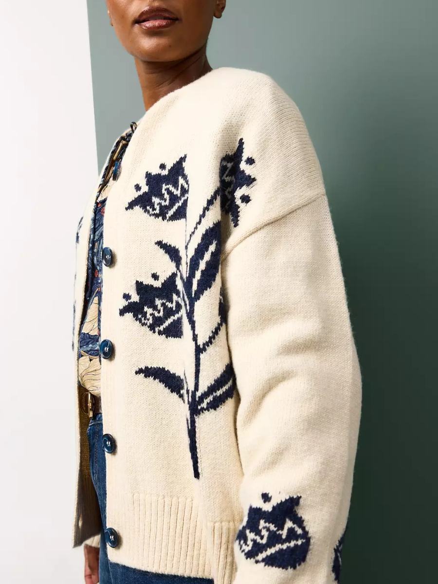 Cream Tulip Embroidered Boxy Cardigan