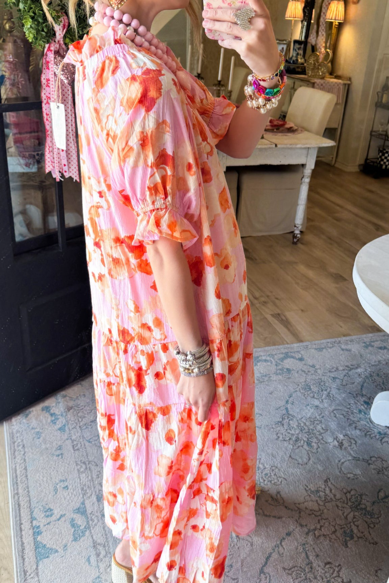 Pink Floral Printed Peach Blossom Midi Dress