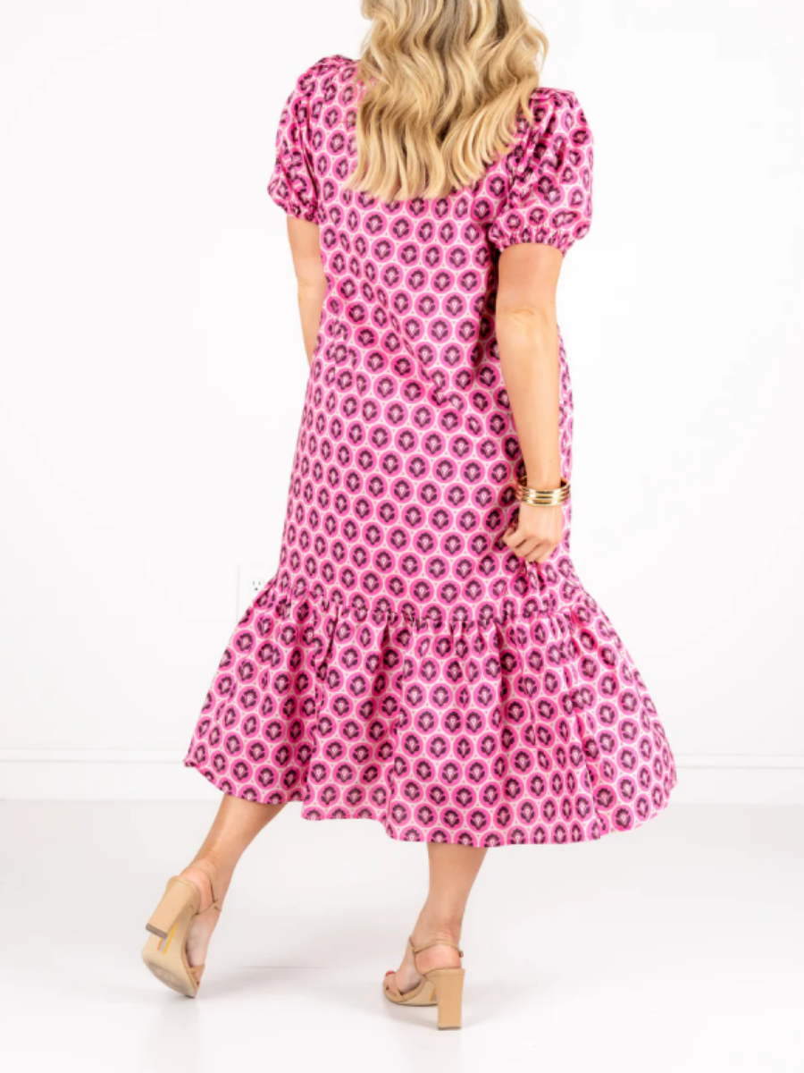Button-Front Ruffle-Neck Dress
