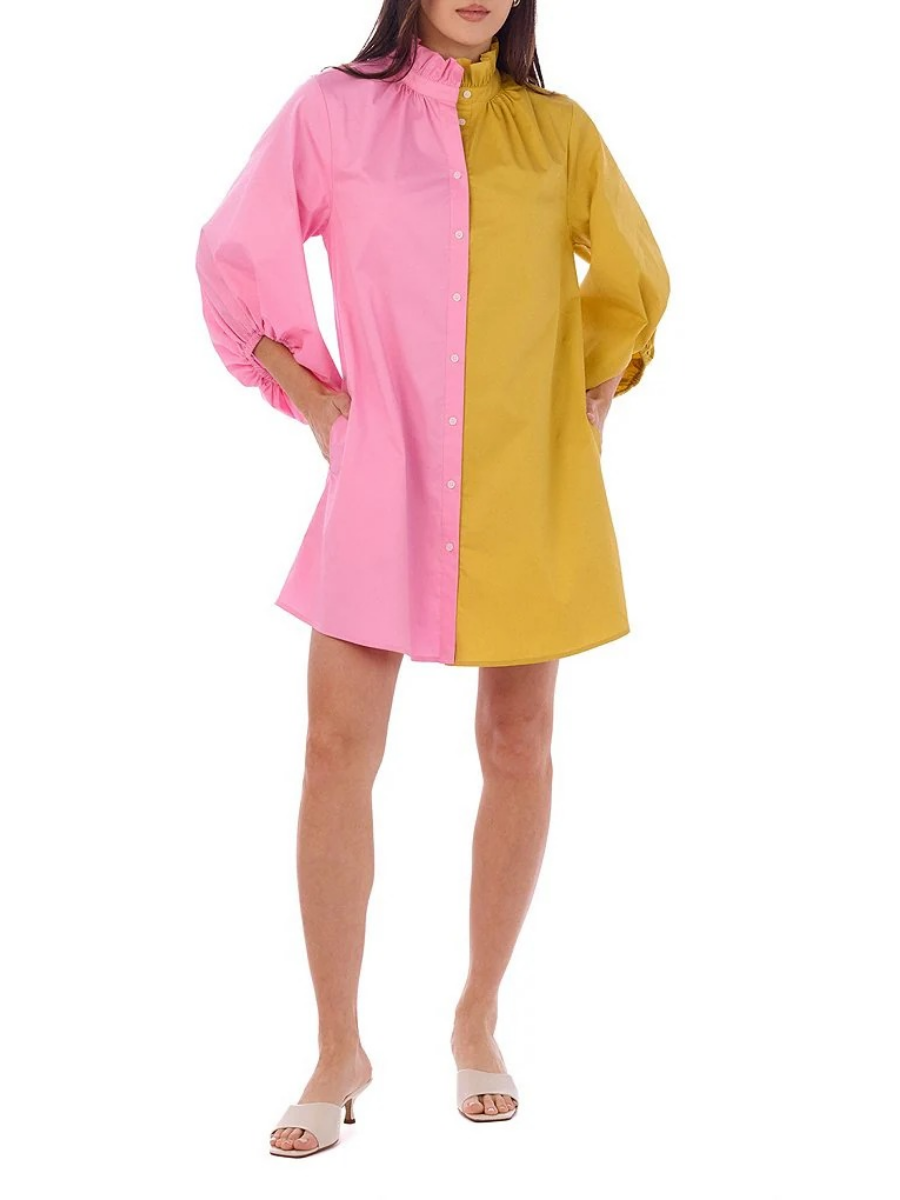 Olive Colorblock High Ruffle Collar Long Sleeve Button Front Shirt Dress