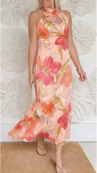 Pink Floral Satin Midi Dress