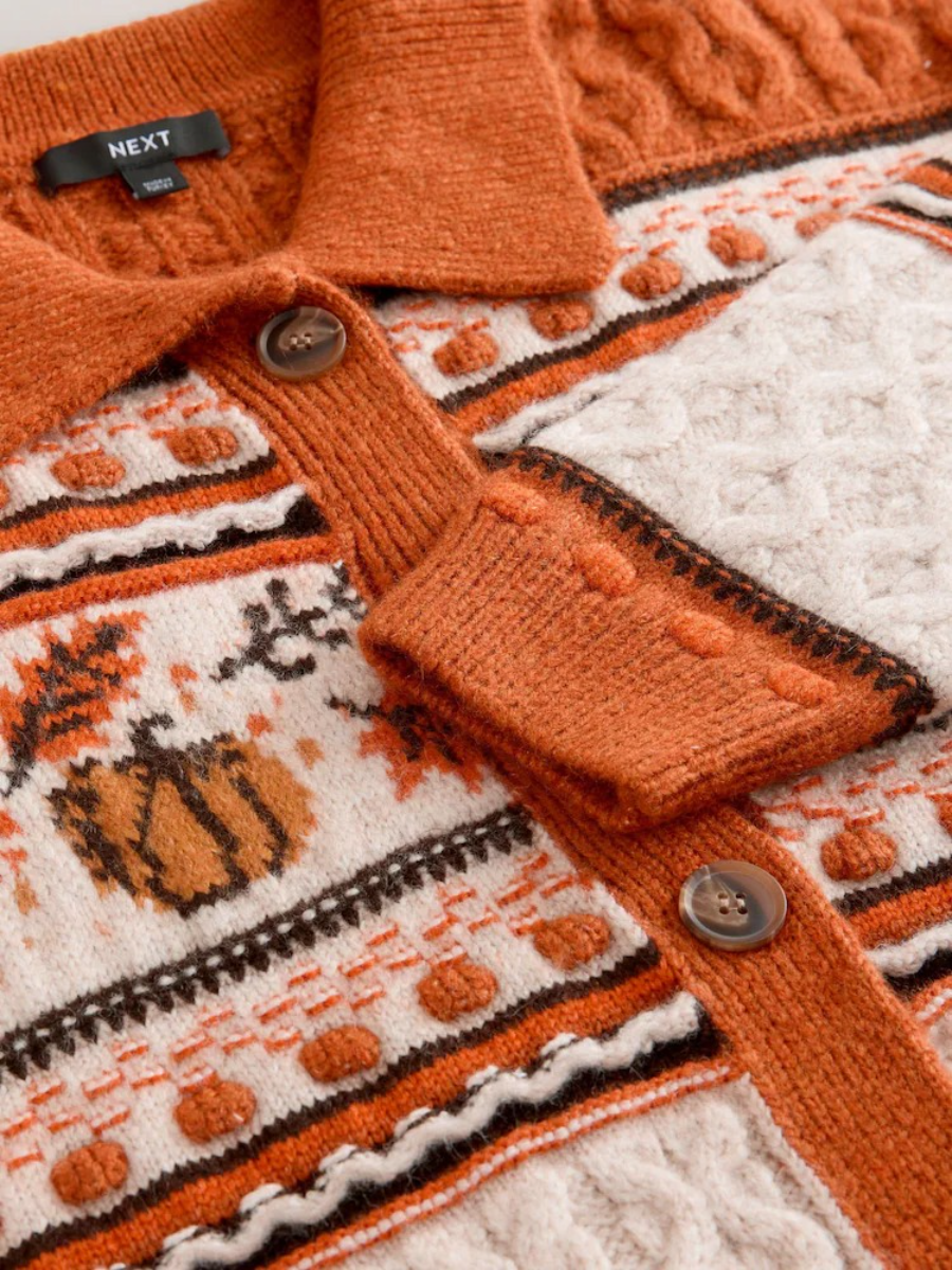 Orange Cable Knit Collar Cardigan With Wool