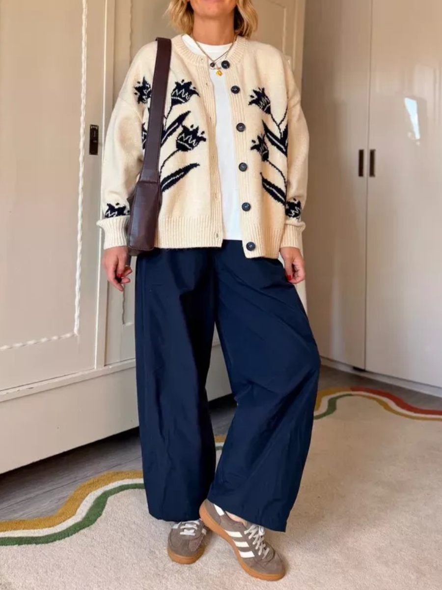 Cream Tulip Embroidered Boxy Cardigan