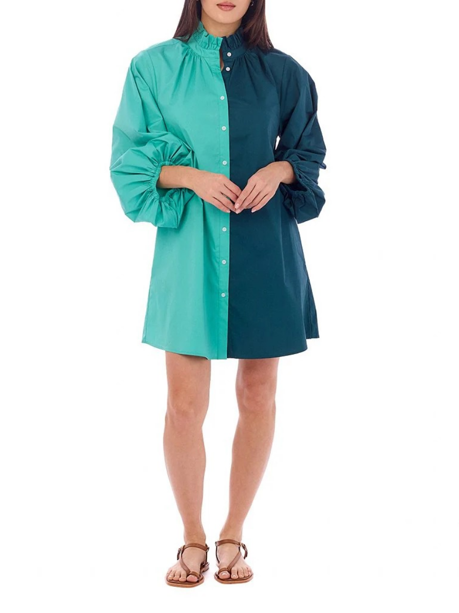 Olive Colorblock High Ruffle Collar Long Sleeve Button Front Shirt Dress