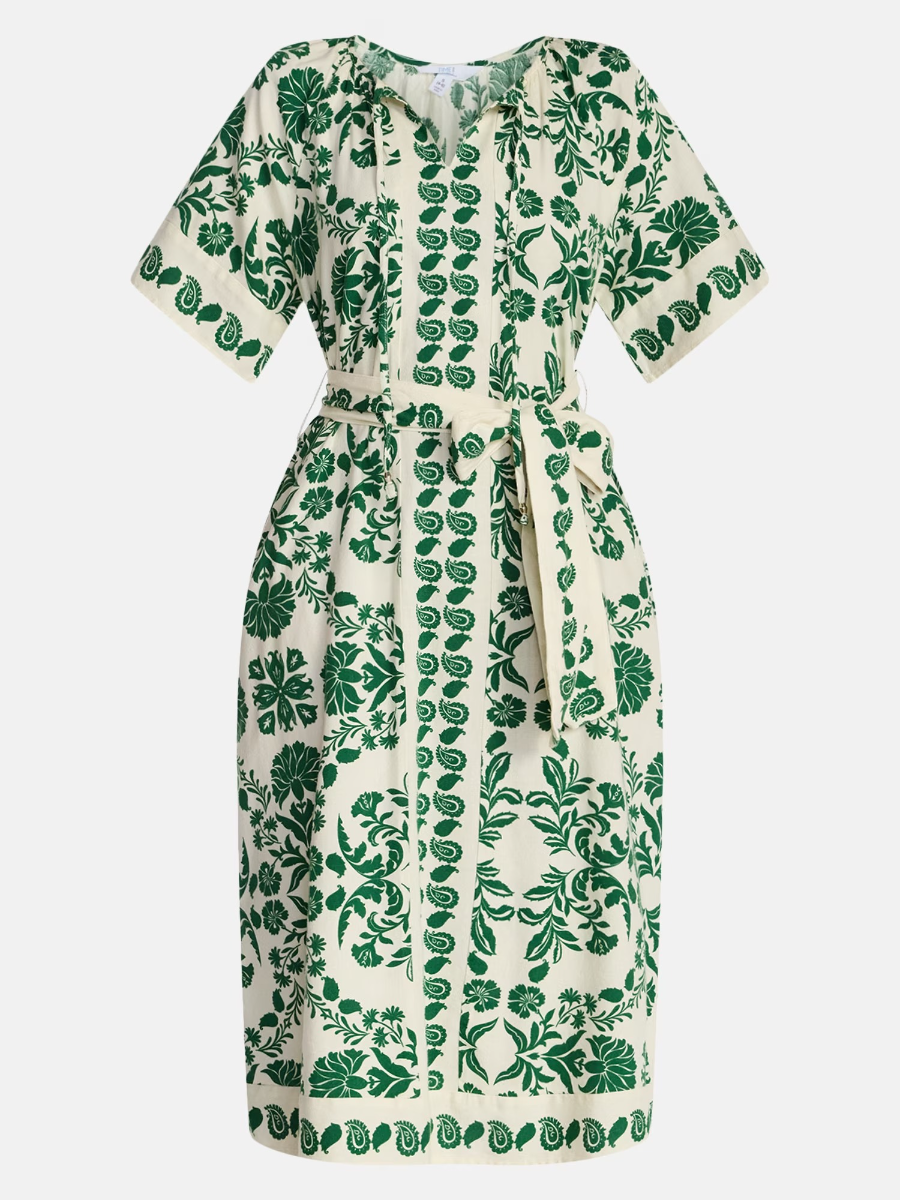 Border Print Linen Blend Midi Dress