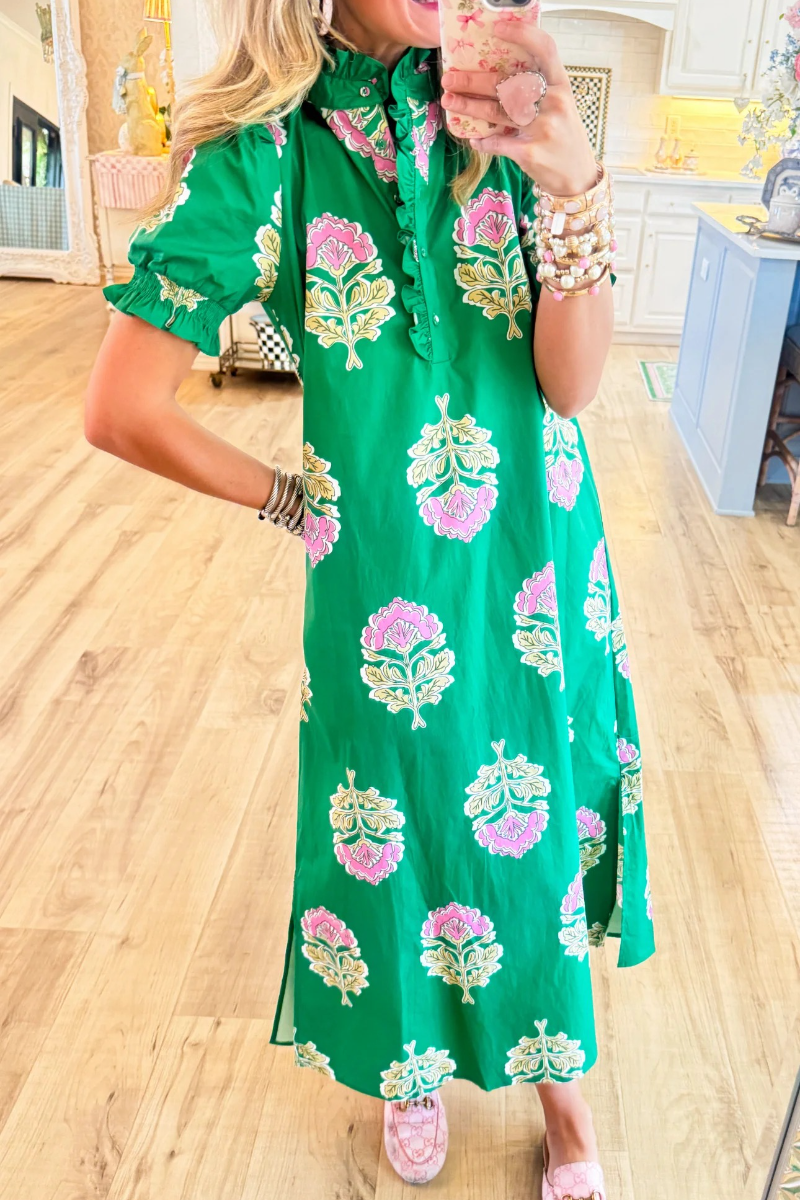 Green Floral Print Ruffle Stand Collar Midi Dress