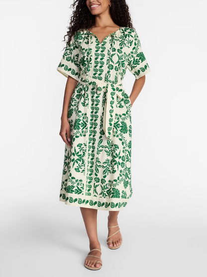 Border Print Linen Blend Midi Dress
