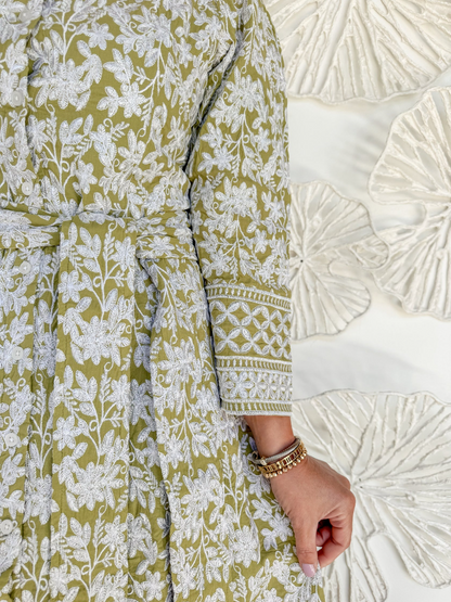 Green Hand Embroidered Maxi With Belt