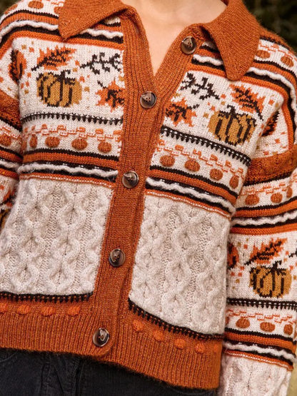 Orange Cable Knit Collar Cardigan With Wool