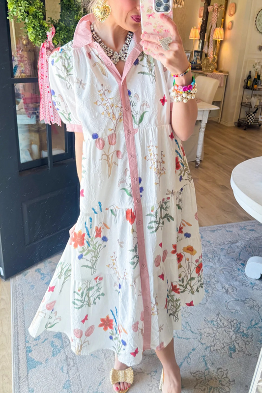 Off White Floral Tiered Midi Dress