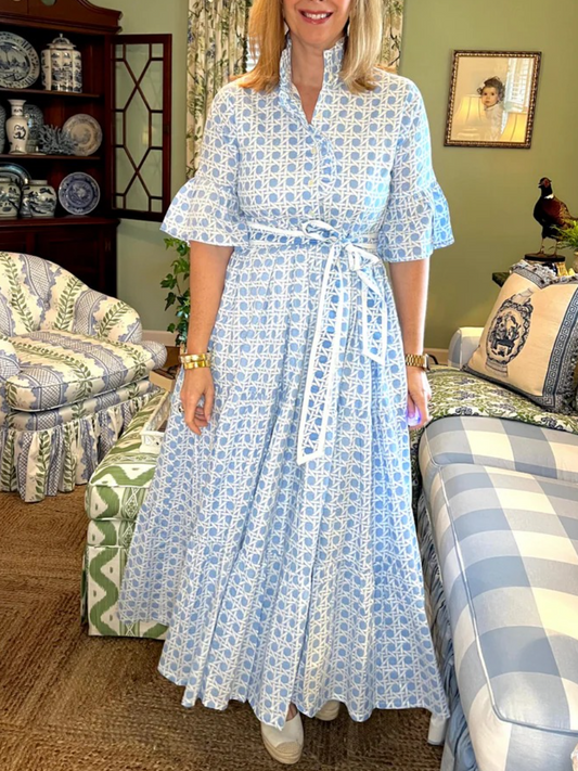 Ruffled Collar Blockprint Maxi Dress