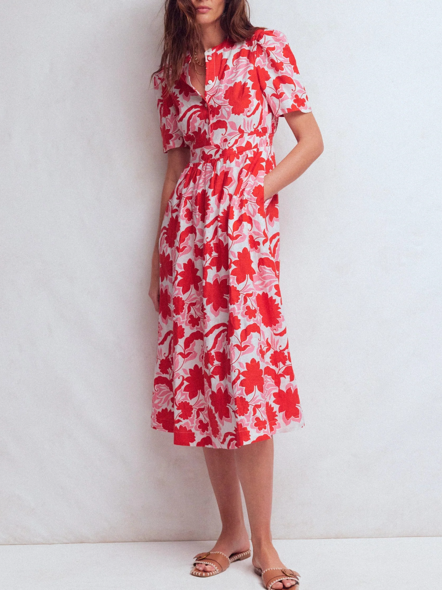 Ivy-placket Linen Midi Dress