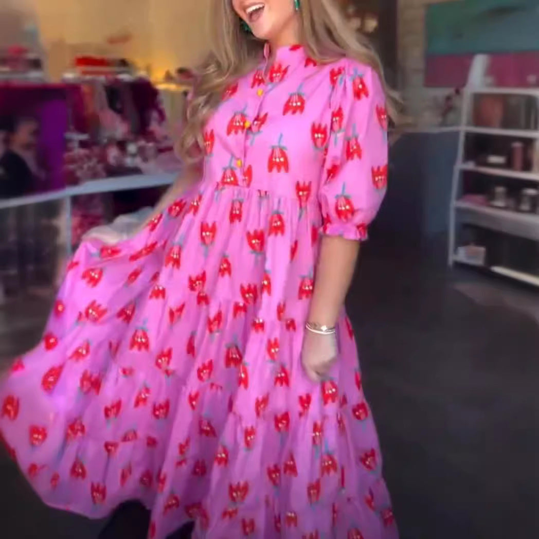Stand Collar Tulip Print Long Dress
