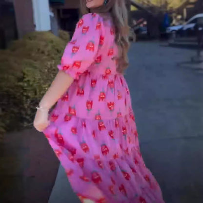 Stand Collar Tulip Print Long Dress