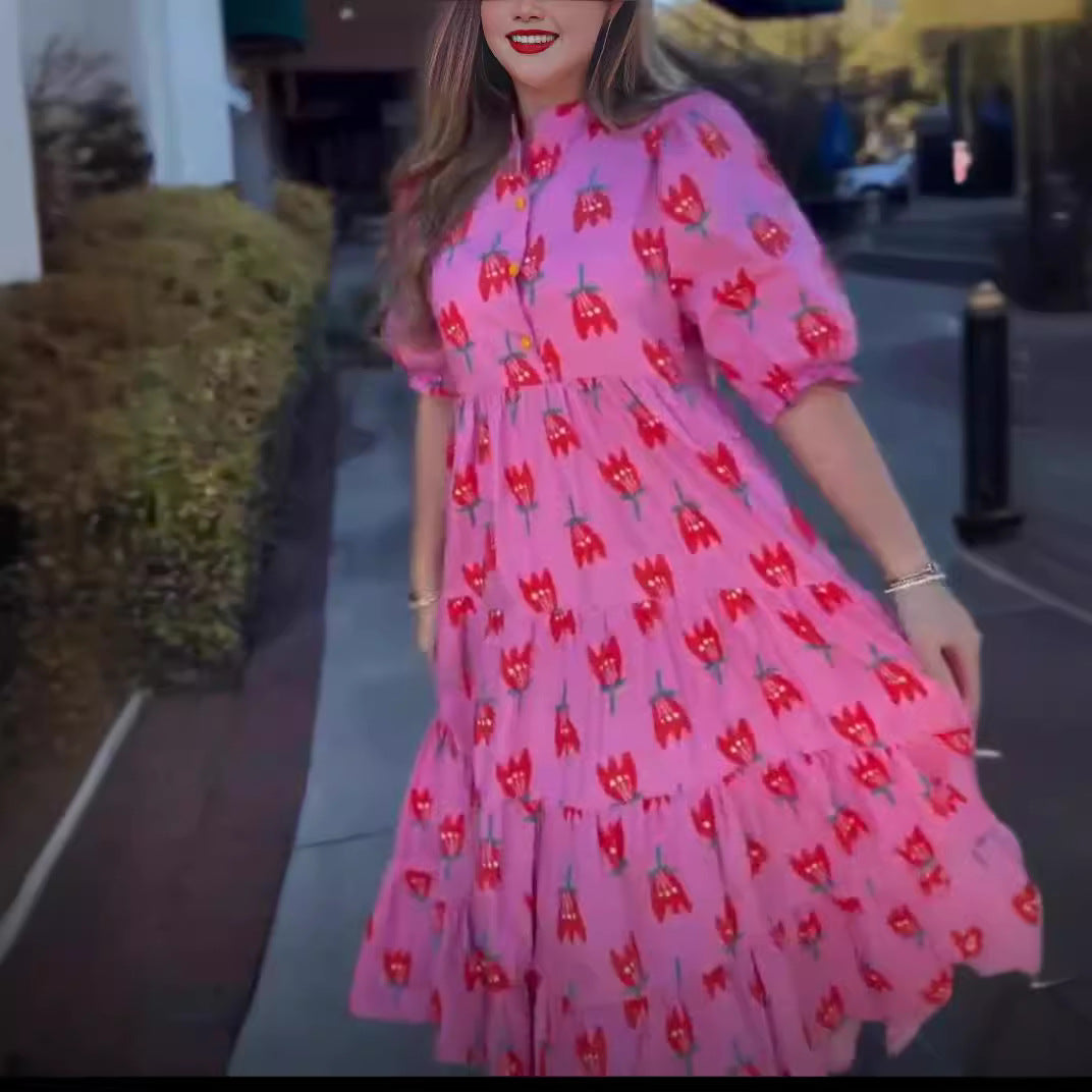 Stand Collar Tulip Print Long Dress