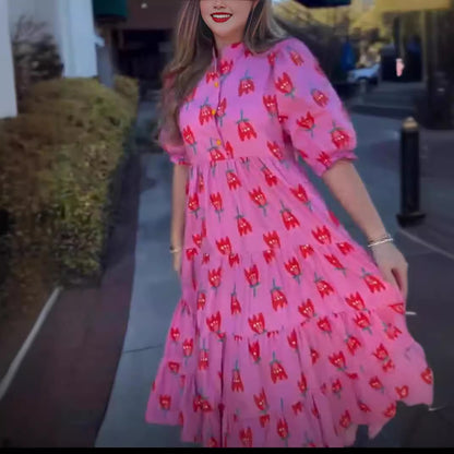 Stand Collar Tulip Print Long Dress