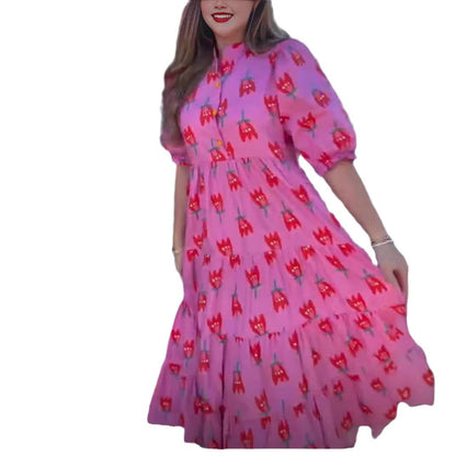 Stand Collar Tulip Print Long Dress