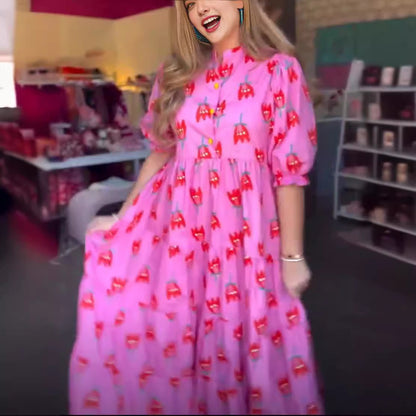Stand Collar Tulip Print Long Dress