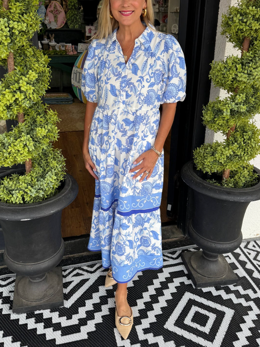 Mary Square Eloise Porcelain Vines Dress - Blue