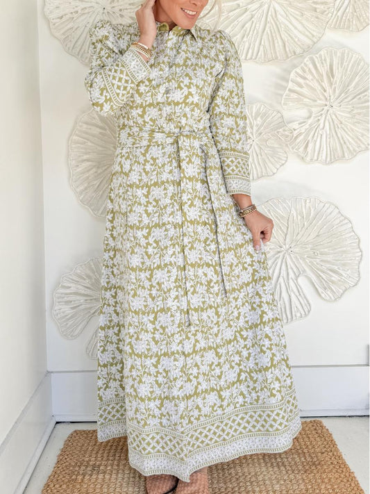 Green Hand Embroidered Maxi With Belt