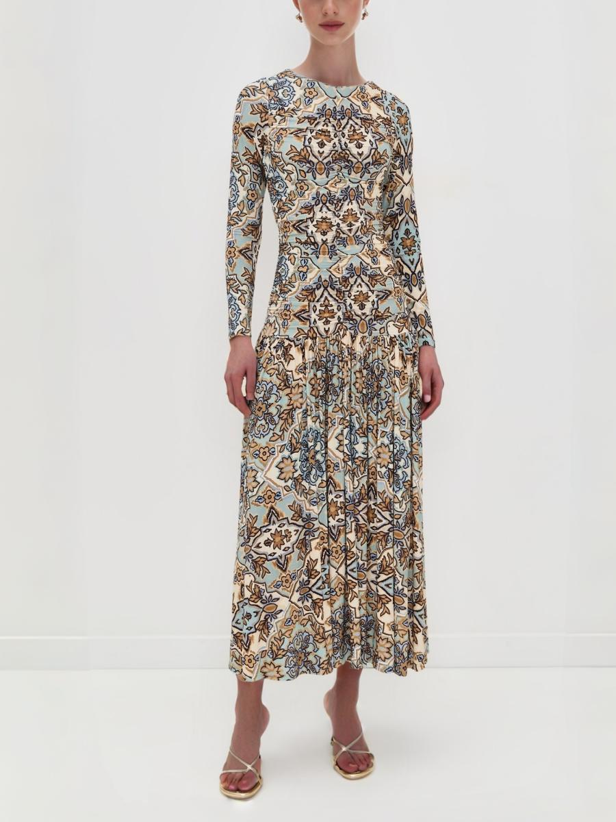 Blue Winter Tapestry Long Sleeve Maxi Dress