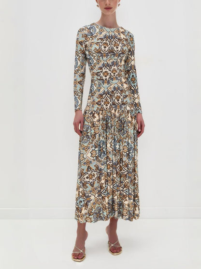 Blue Winter Tapestry Long Sleeve Maxi Dress