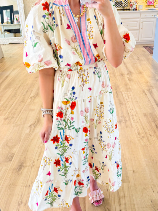 THML Cream Floral Puff Sleeve Maxi Dress