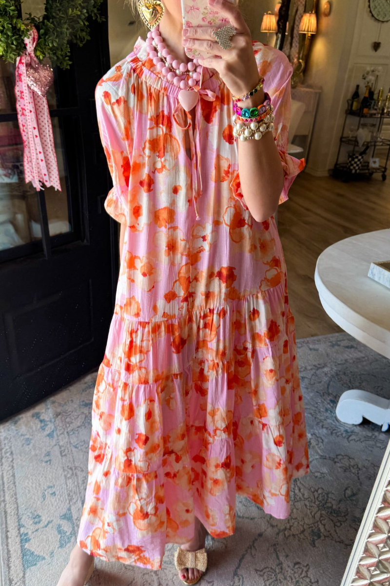 Pink Floral Printed Peach Blossom Midi Dress