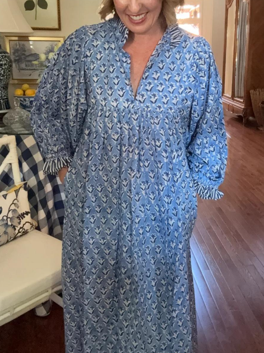 Newest Cotton Block Print Maxi Dress