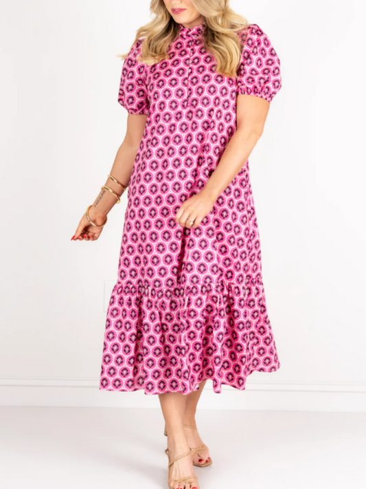 Button-Front Ruffle-Neck Dress