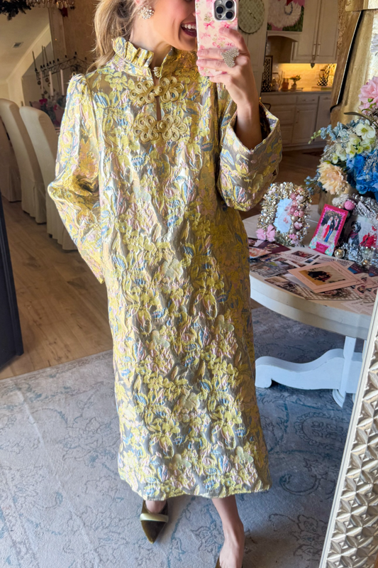 Yellow Floral Jacquard Midi Dress