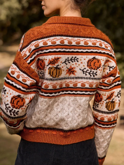 Orange Cable Knit Collar Cardigan With Wool