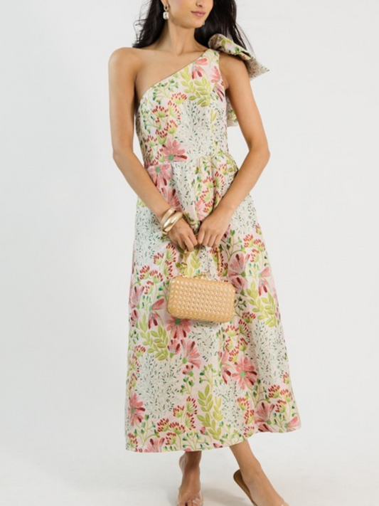 Bow Shoulder Jacquard Midi Dress