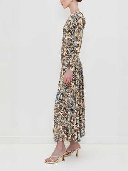 Blue Winter Tapestry Long Sleeve Maxi Dress