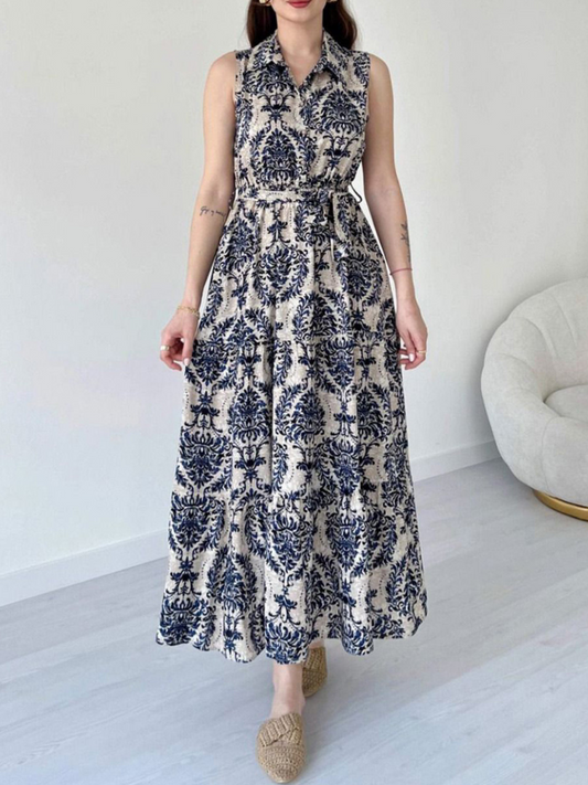 Embroidery Belted Tiered Flare Maxi Dress
