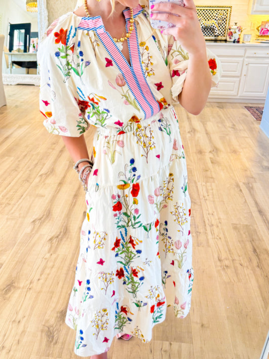 THML Cream Floral Puff Sleeve Maxi Dress