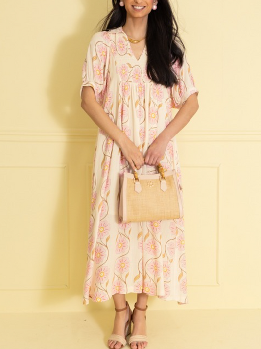 Cream Pink Daisy Print Puff Sleeve Maxi Dress