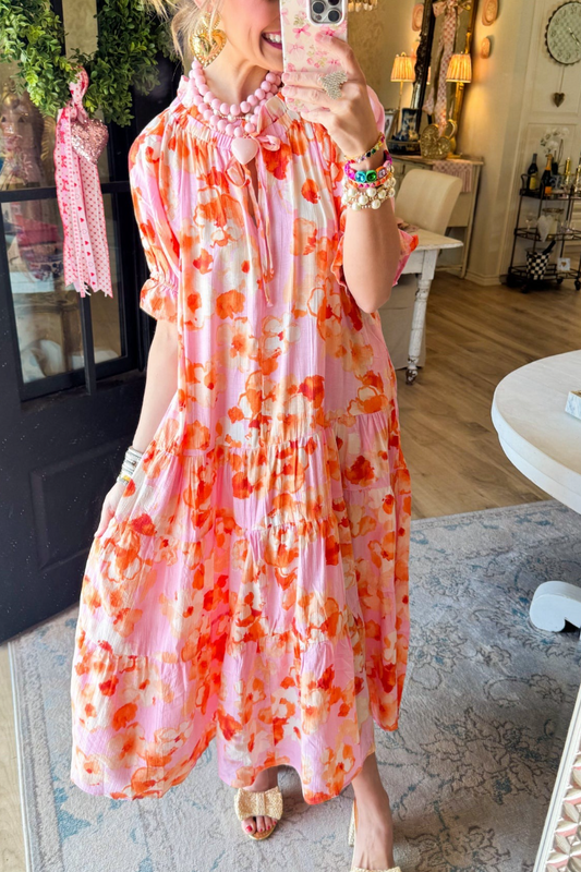 Pink Floral Printed Peach Blossom Midi Dress