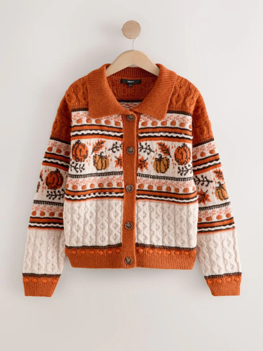Orange Cable Knit Collar Cardigan With Wool