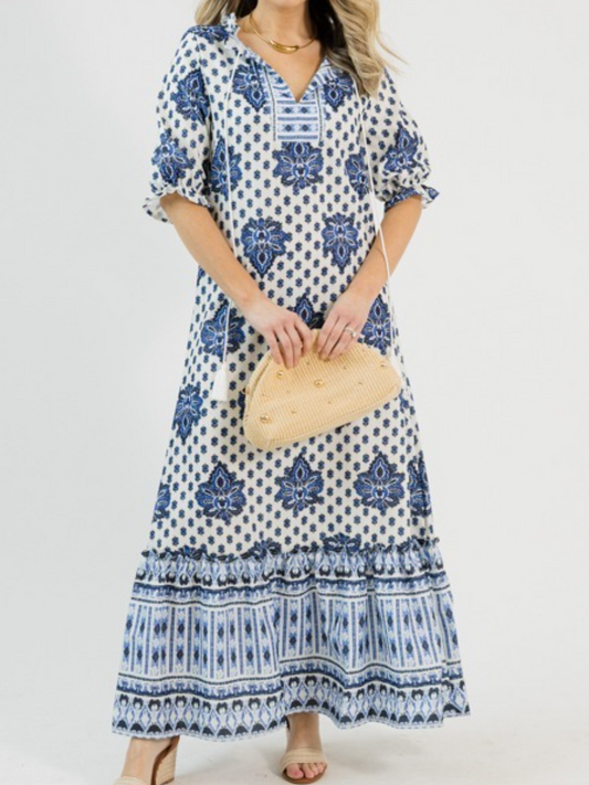 Blue White Boho Print Tiered Maxi Dress