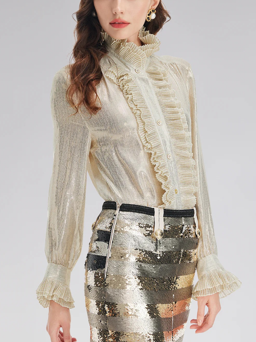 Silk Metallic-Sheen Pleated Shirt