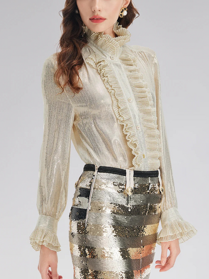 Silk Metallic-Sheen Pleated Shirt