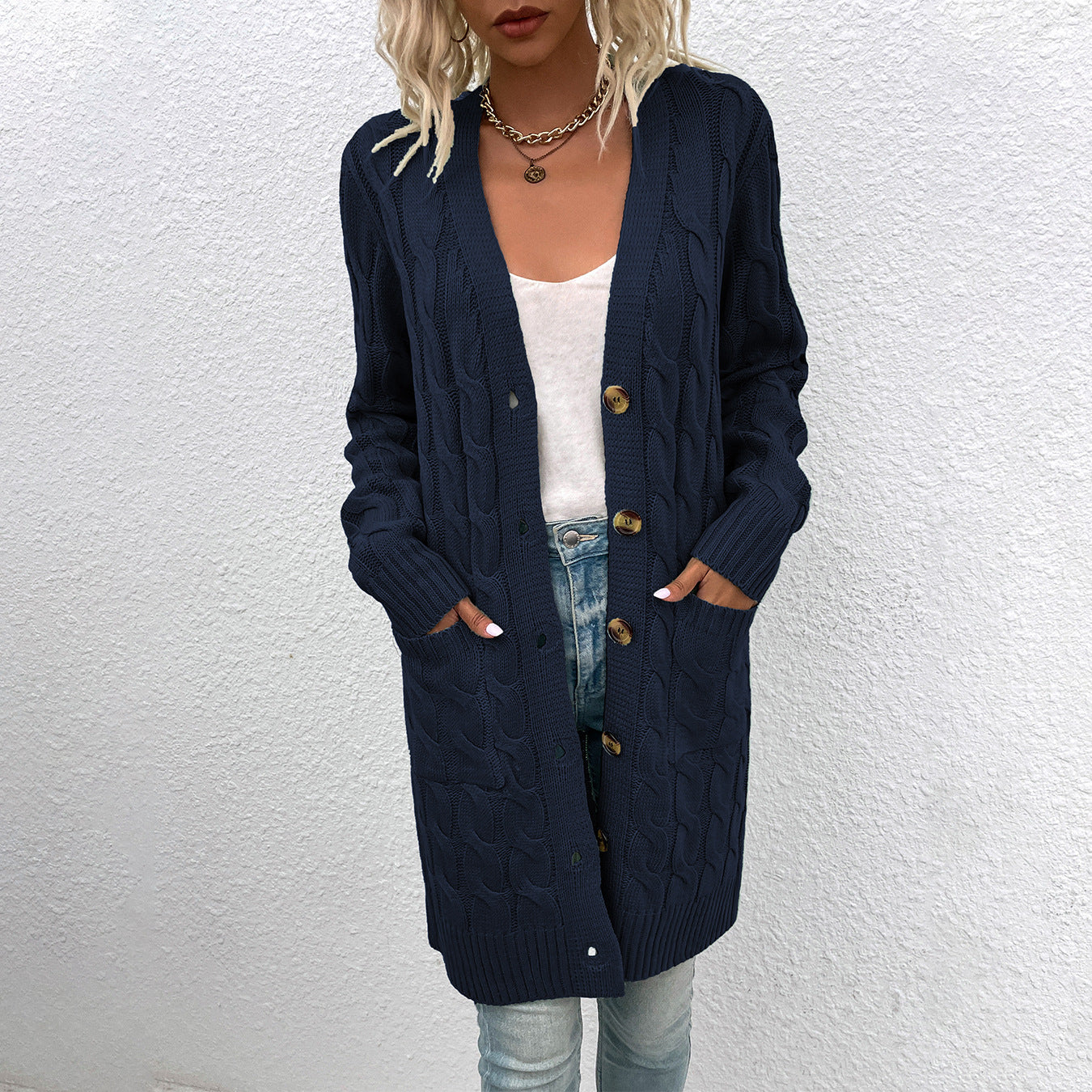 Long Buttoned Knit Cardigan