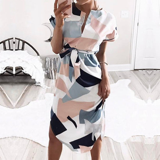 Sexy V-Neck Block Print Mid-length Dress