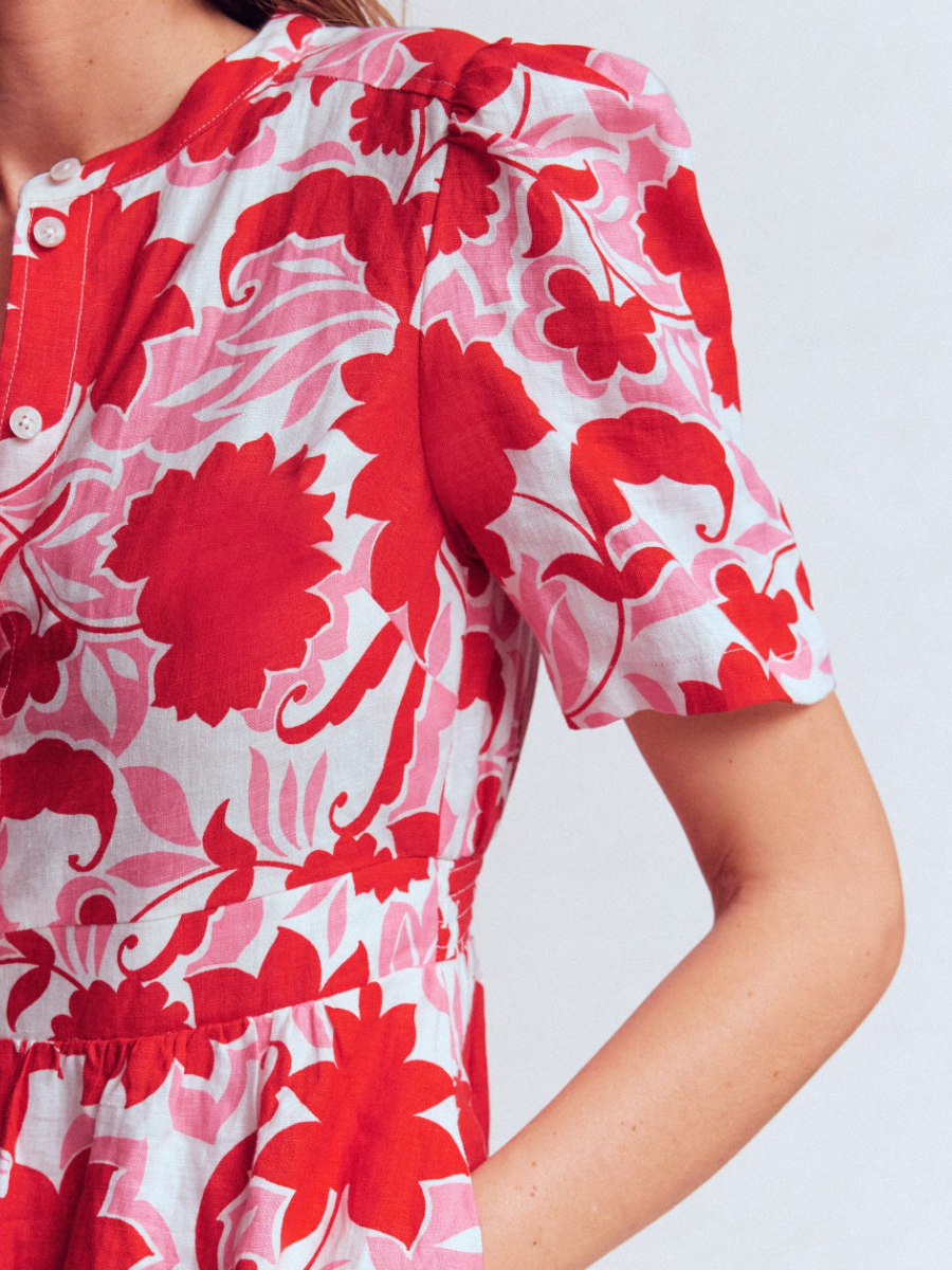 Ivy-placket Linen Midi Dress