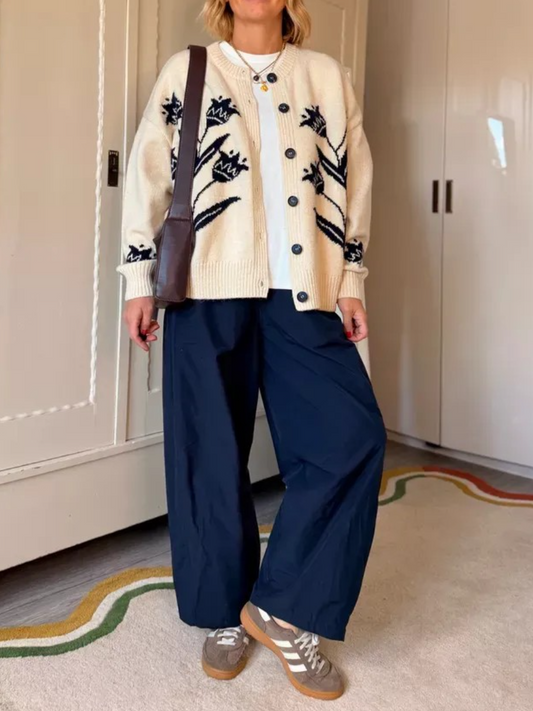 Cream Tulip Embroidered Boxy Cardigan