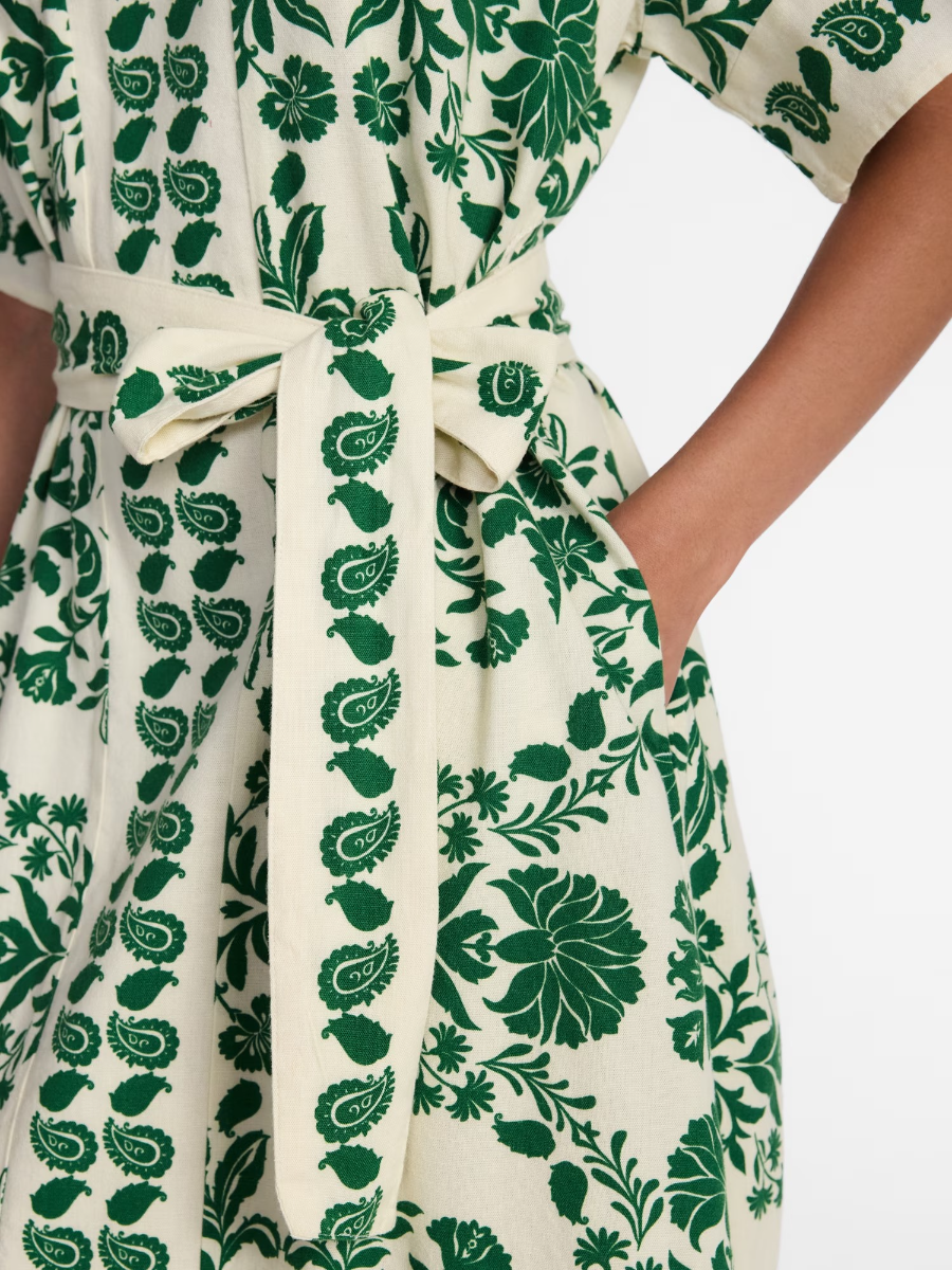 Border Print Linen Blend Midi Dress