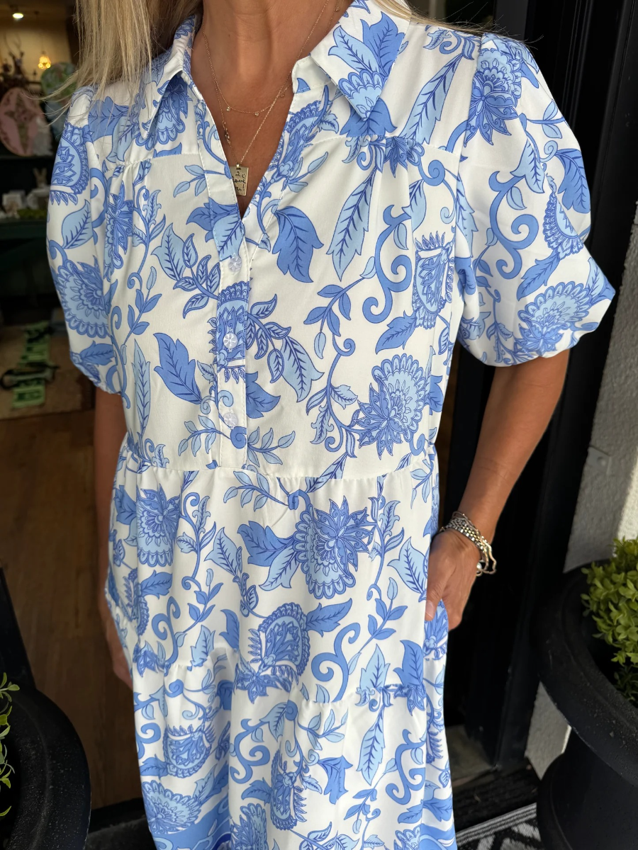 Mary Square Eloise Porcelain Vines Dress - Blue