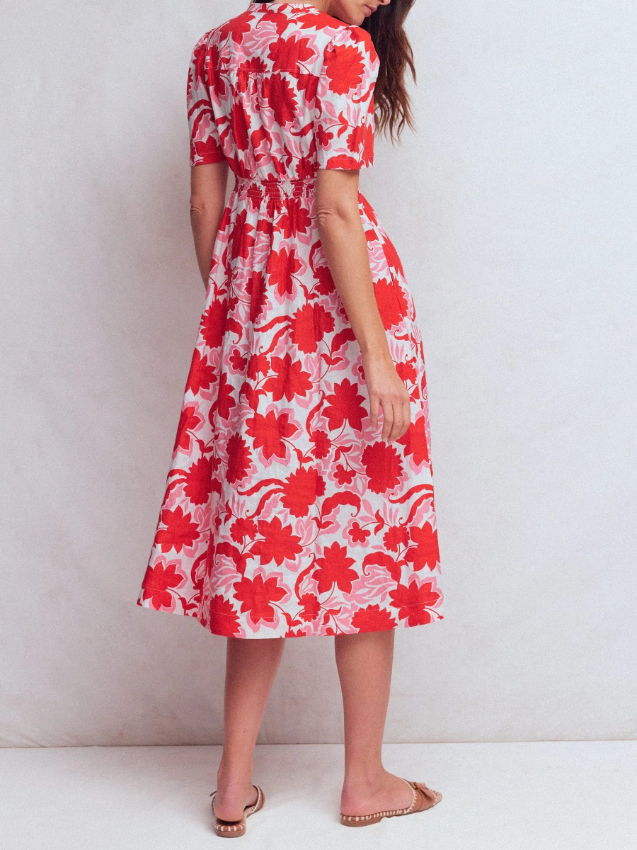 Ivy-placket Linen Midi Dress